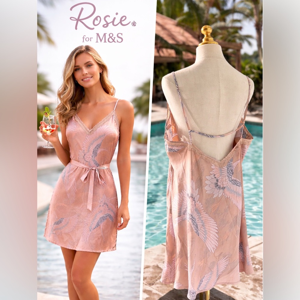 Rosie,M&S,Satin Slip Dress Crane Lace Trim Champagne Nightgown Lingerie Size 22
